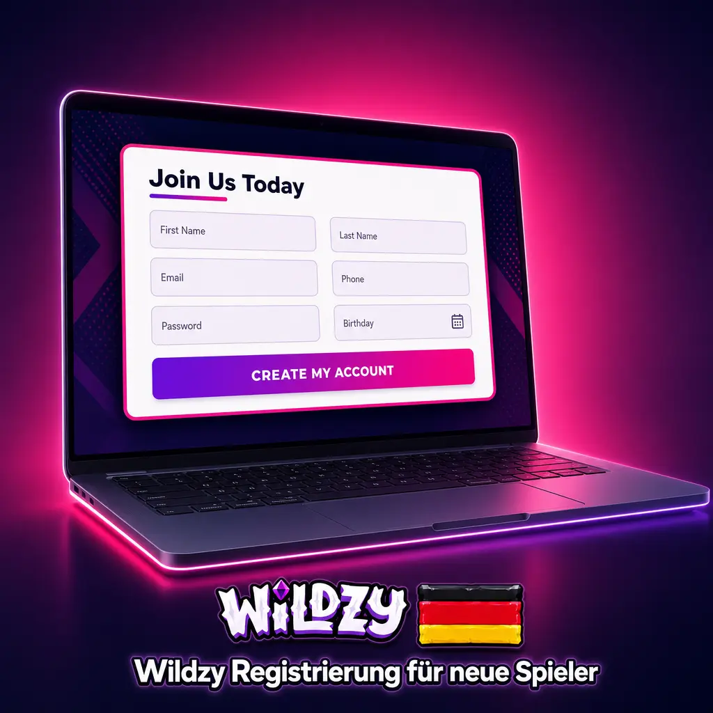 Wildzy Registrierungsformular für neue Spieler mit Zugang zu 7.000 Spielen und 600% Willkommensbonus