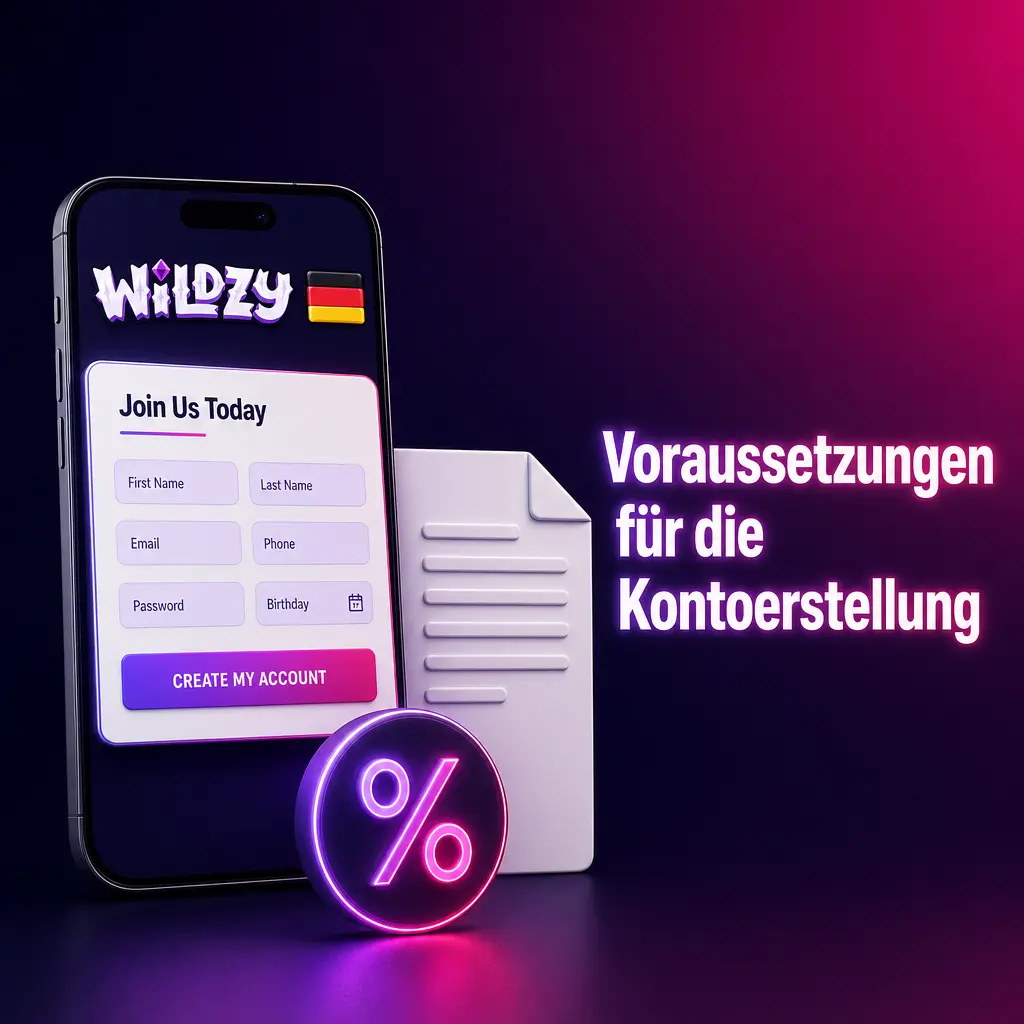 Wildzy Konto erstellen – Voraussetzungen: Mindestalter 18, ein Konto pro Person, gültige Zahlungsmethode